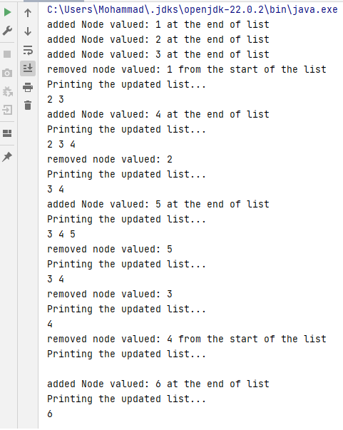 Output of the class LinkedListTest