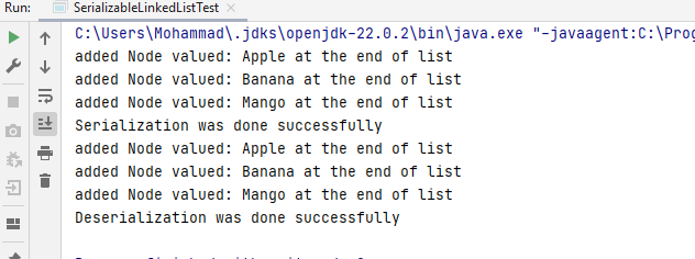 Output of the class SerializableLLinkedListTest